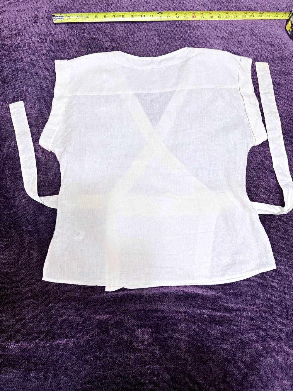 FRAME Women’s Off-White 100% Linen V-Neck Wrap Tie Short Sleeve Blouse L